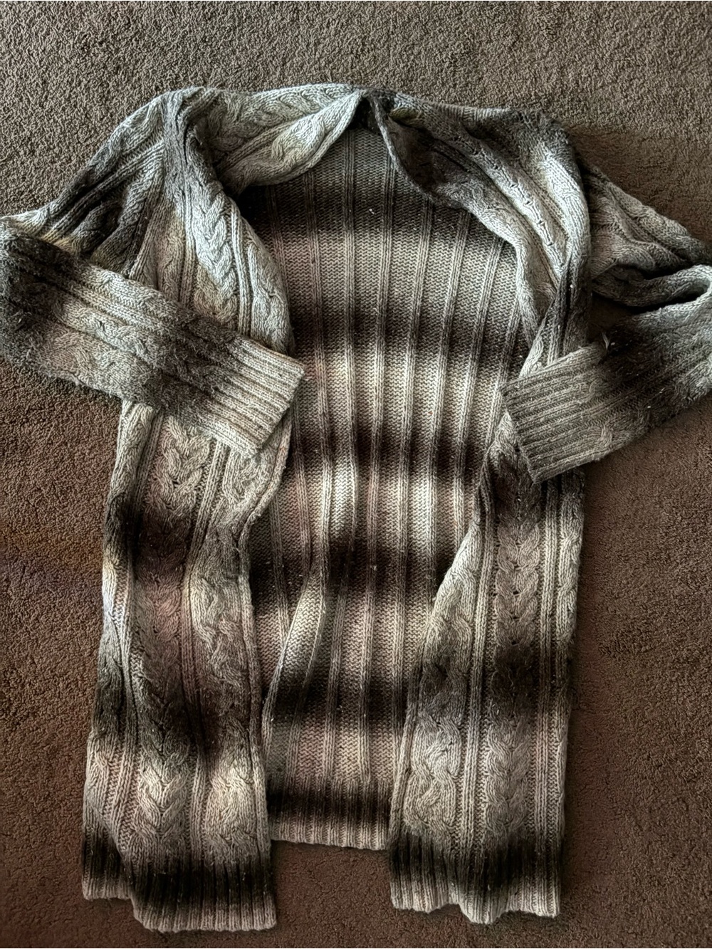 mercer & madison long cable knit cardigan in gray and cream